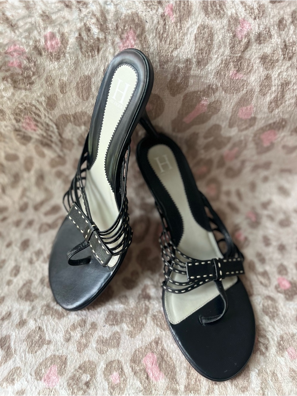 Black Strappy Women's Heeled Sandals with Stitch Detail
